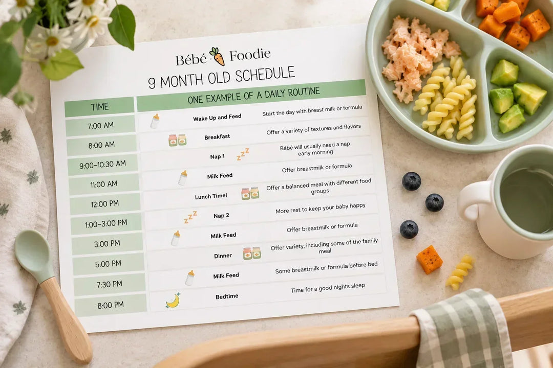 9 month old feeding plan with sample times for milk feeds, meals, naps and bedtime