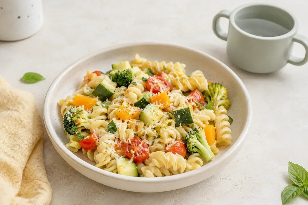 Baby-led weaning pasta with soft pasta and vegetables for babies