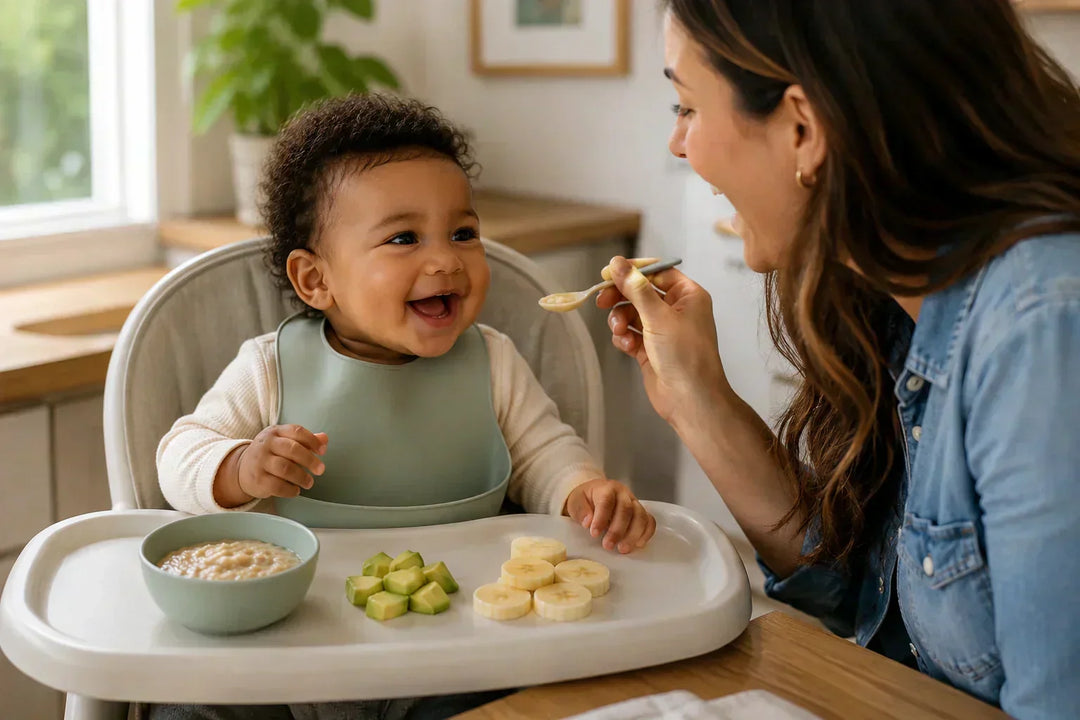Baby eating first foods in a high chair while a parent sits nearby during mealtime