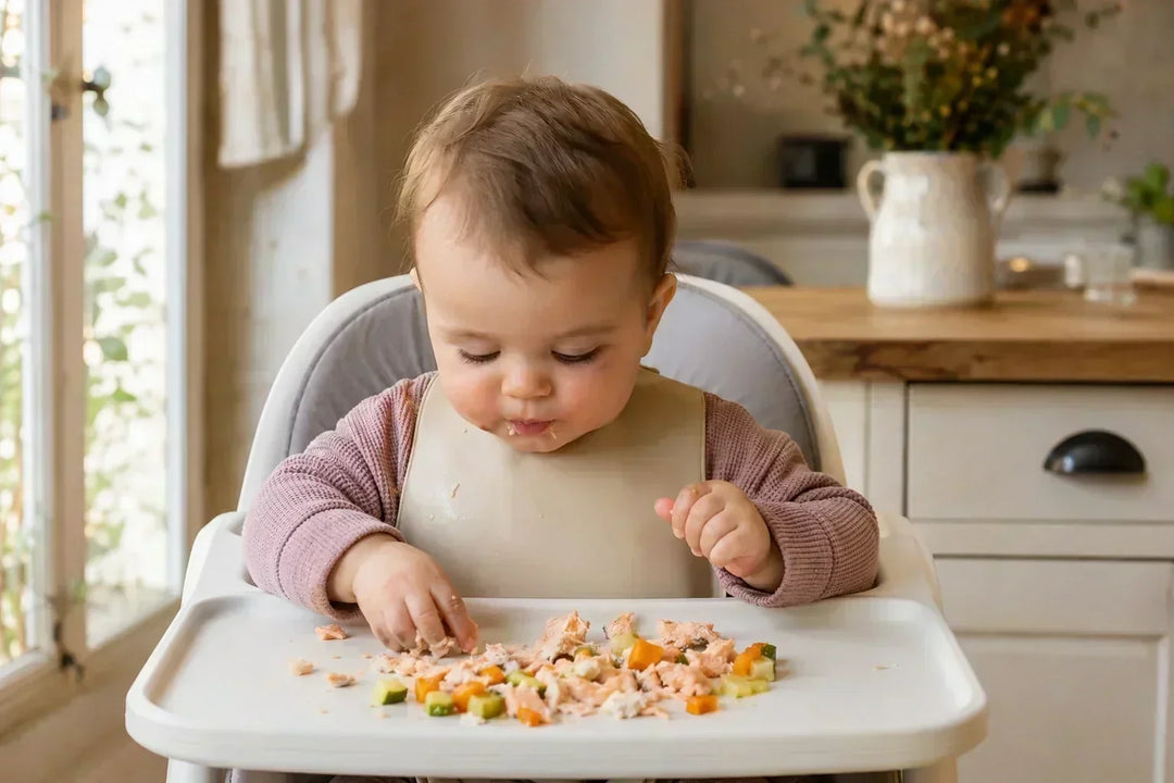 Baby eating flaked salmon and soft vegetables in a high chair