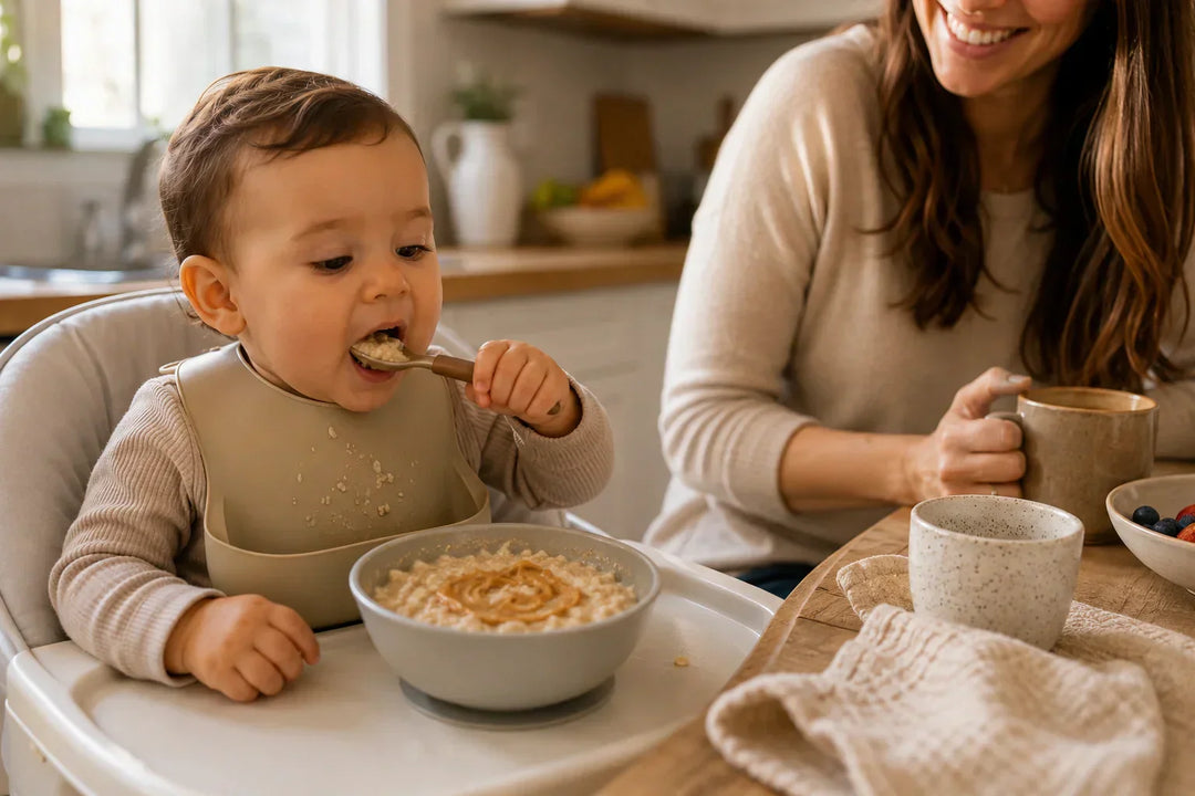 Baby eating peanut butter oatmeal in a high chair during peanut butter introduction
