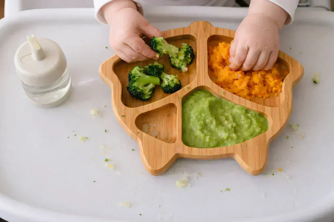 Baby exploring different food textures during baby texture progression with  soft finger foods and mashed foods