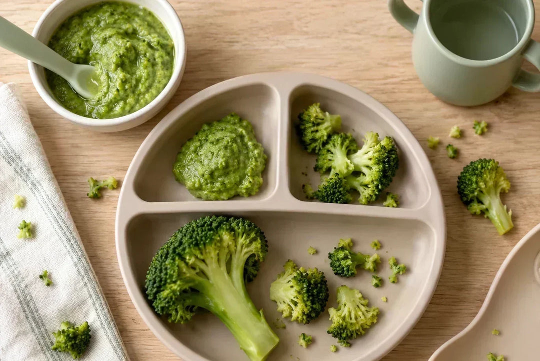 Broccoli for baby-led weaning served as soft florets, small pieces and puree
