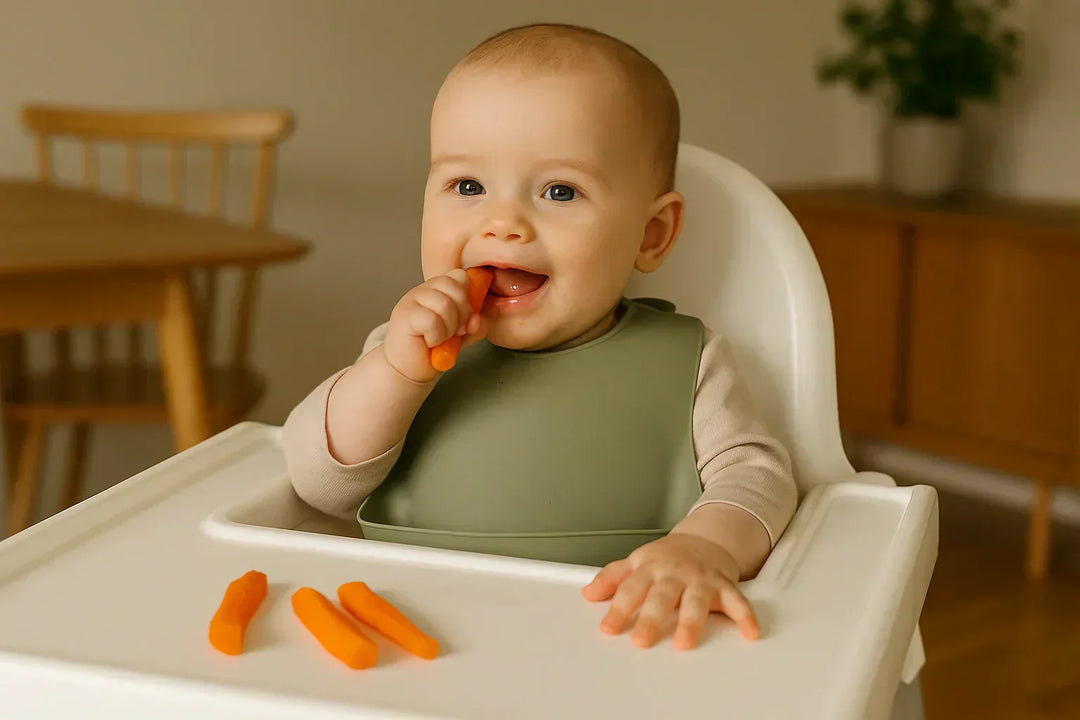 Joyful baby eating carrots in a high chair