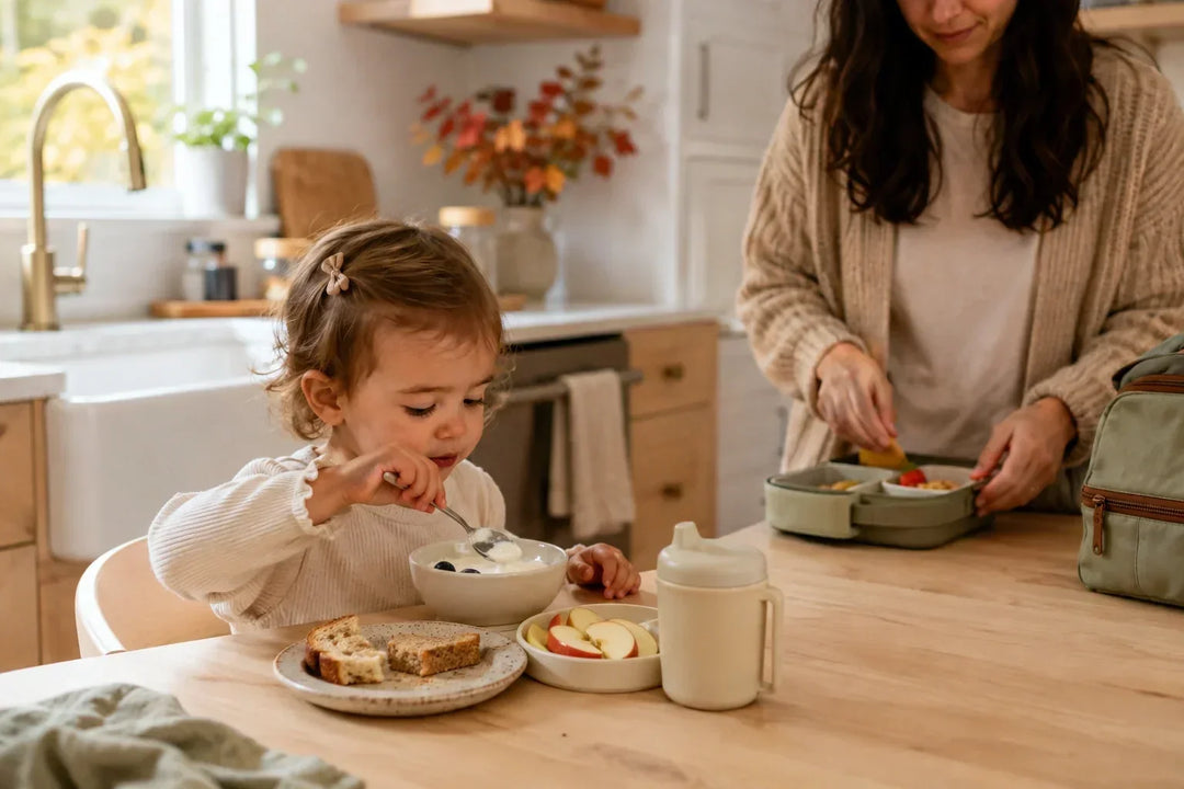 Toddler eeating breakfast as the family returns to a daily schedule after summer